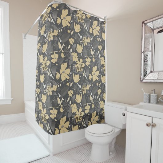 Feminine Gold Grey Floral Pattern Douchegordijn (In situ)