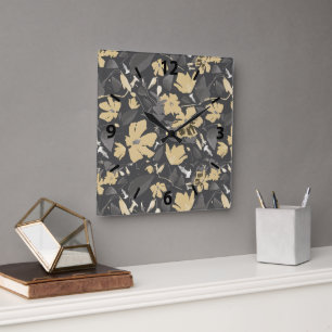  Feminine Gold Grey Floral Pattern Vierkante Klok