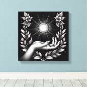 Feminine Hand Holding Radiant Sun Illustration Canvas Afdruk (Insitu (Houten vloer))
