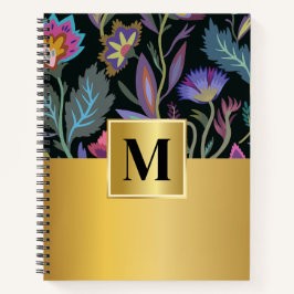 Feminine initiaal Zwart bloempatroon Elegant goud Notitieboek