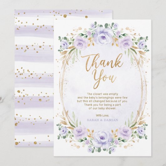 Feminine Lavender Gold Floral Baby Girl Shower Bedankkaart (Voorkant / Achterkant)