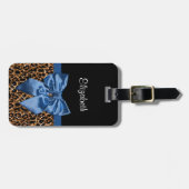 Feminine Leopard Print Elegant Blue Bow and Name Bagagelabel (Voorkant horizontaal)