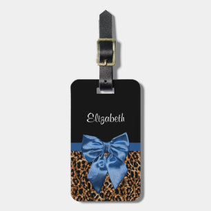 Feminine Leopard Print Elegant Blue Bow and Name Bagagelabel