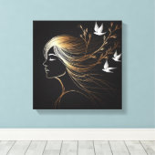 Feminine Line Art Profile with Gold Birds and Bran Canvas Afdruk (Insitu (Houten vloer))