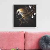 Feminine Line Art Profile with Gold Birds and Bran Canvas Afdruk (Insitu (Woonkamer))