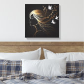 Feminine Line Art Profile with Gold Birds and Bran Canvas Afdruk (Insitu (Slaapkamer))