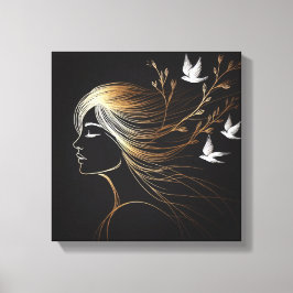 Feminine Line Art Profile with Gold Birds and Bran Canvas Afdruk