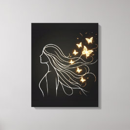 Feminine Line Art with Golden Butterflies Canvas Afdruk