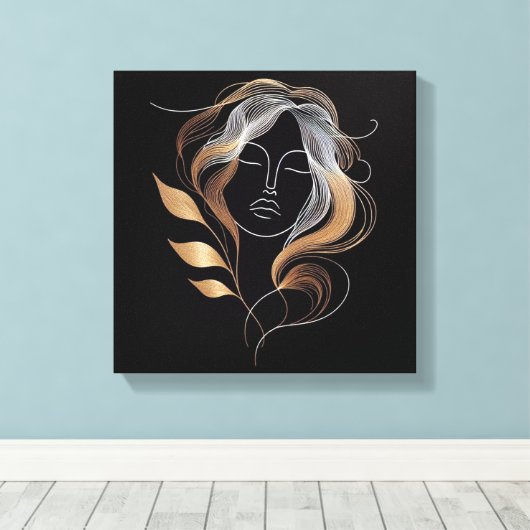 Feminine Line Art with Golden Leaf Flow Canvas Afdruk (Insitu (Houten vloer))