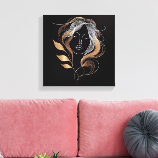 Feminine Line Art with Golden Leaf Flow Canvas Afdruk (Insitu (Woonkamer))