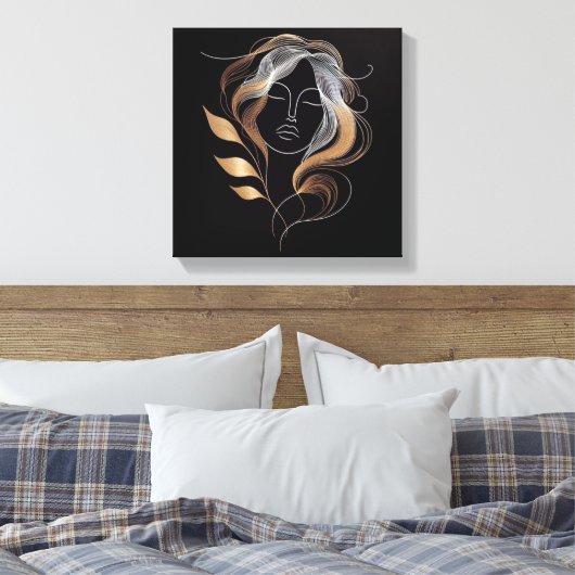 Feminine Line Art with Golden Leaf Flow Canvas Afdruk (Insitu (Slaapkamer))