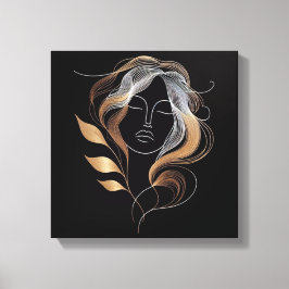 Feminine Line Art with Golden Leaf Flow Canvas Afdruk