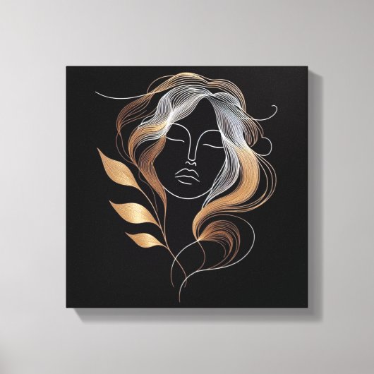 Feminine Line Art with Golden Leaf Flow Canvas Afdruk (Voorkant)