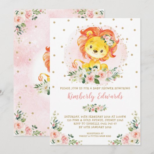 Feminine Lion Baby shower Blush Gold Floral Kaart (Voorkant / Achterkant)