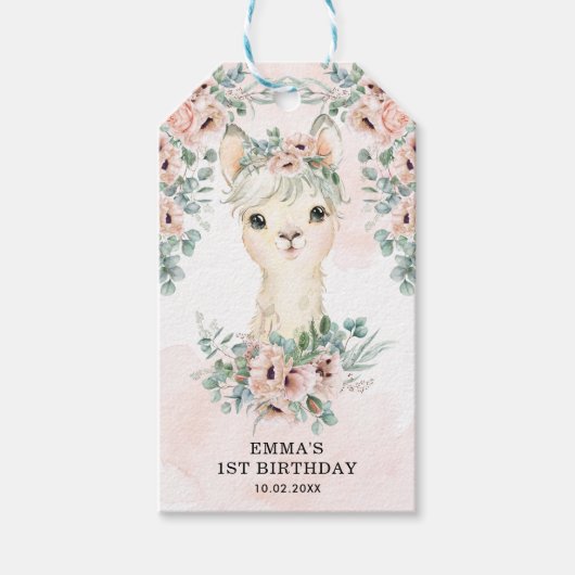 Feminine Llama Blush Pink Floral Greenery Birthday Cadeaulabel (Voorkant)