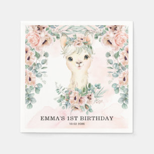 Feminine Llama Blush Pink Floral Greenery Birthday Servet
