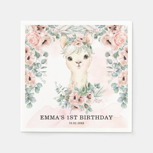 Feminine Llama Blush Pink Floral Greenery Birthday Servet (Voorkant)