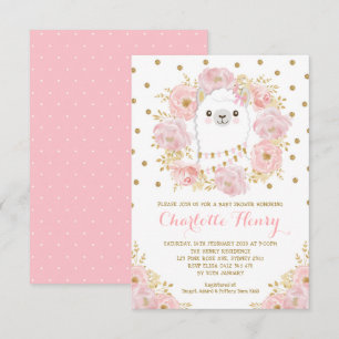 Feminine Llama Blush Pink Gold Floral Baby shower Kaart