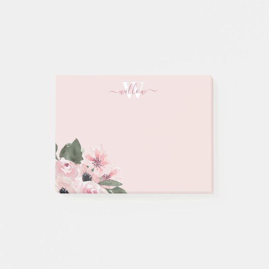 Feminine Moderne Monogram Roze Floral Post-it Note (Voorkant)