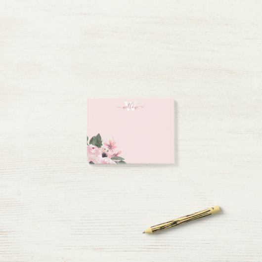 Feminine Moderne Monogram Roze Floral Post-it Note (Op bureau)