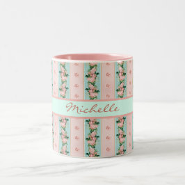 Feminine Monogram Roze Mint Floral Beeld Kijk Tweekleurige Koffiemok