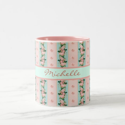 Feminine Monogram Roze Mint Floral Beeld Kijk Tweekleurige Koffiemok (Center)