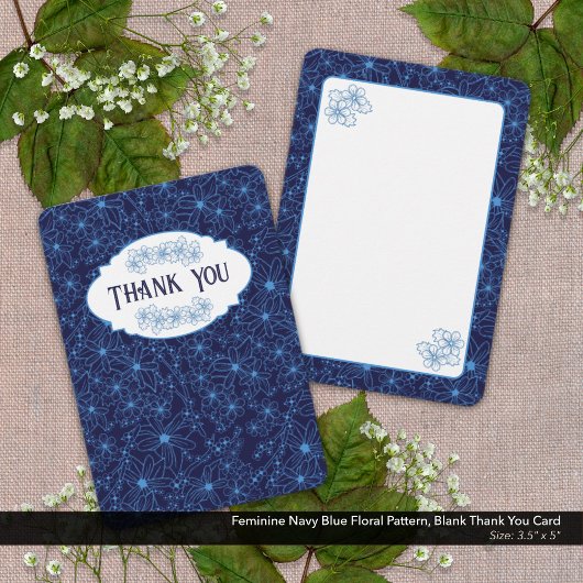 Feminine Navy Blue Floral Pattern, Blank Bedankkaart