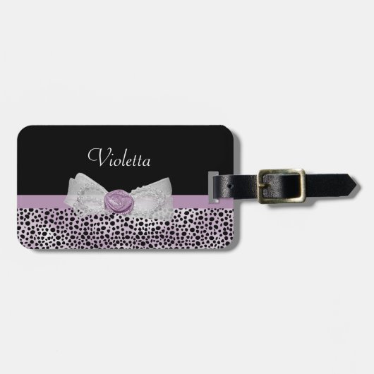 Feminine Paarse Cheetah Print Girly Bow and Name Bagagelabel (Voorkant horizontaal)