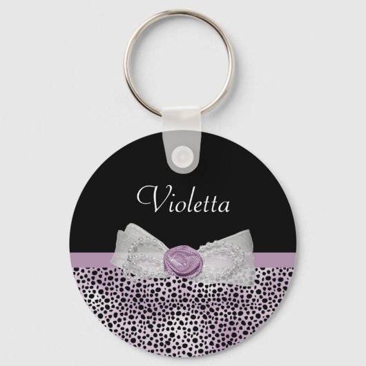 Feminine Paarse Cheetah Print Girly Bow and Name Sleutelhanger (Voorkant)