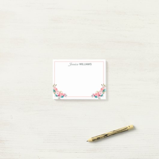 Feminine Pink Blue Rose Bouquet Waterverf Post-it® Notes (Op bureau)