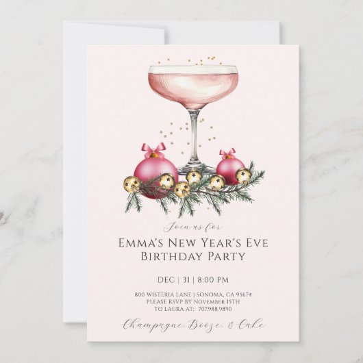 Feminine Pink Champagne New Years Eve Birthday  Kaart (Voorkant)