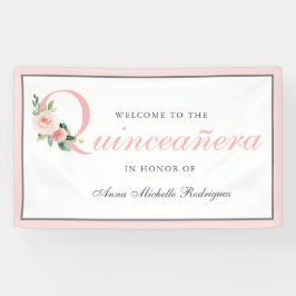 Feminine Pink Floral Quinceanera Celebratie Spandoek