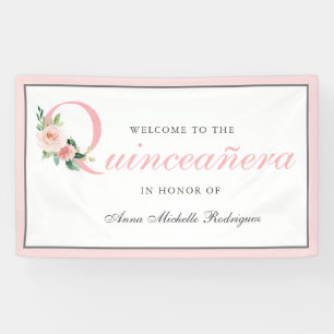 Feminine Pink Floral Quinceanera Celebratie Spandoek