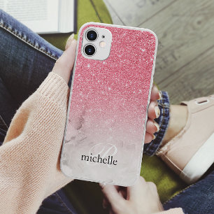 Feminine Pink Glitter Ombre Marble Monogram Case-Mate iPhone Case