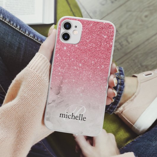 Feminine Pink Glitter Ombre Marble Monogram Case-Mate iPhone Case