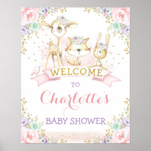 Feminine Pink Paars Mint Woodland Animals Welkom Poster