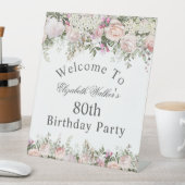 Feminine Pink Rose Floral 80th Birthday Welkom Reclamebord Met Voetstuk (Insitu)