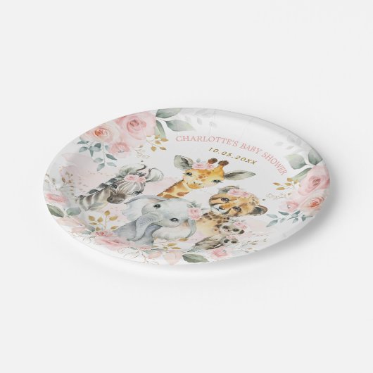 Feminine Pink Safari Oerwoud Wilde dieren Baby Gir Papieren Bordje (Gekanteld)