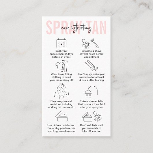 Feminine Pink Spray Tan Aftercare Instructions Visitekaartje (Voorkant)