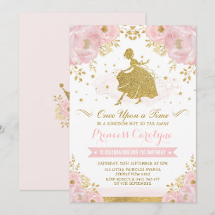 Feminine Princess Cinderella Pink Gold Birthday Kaart