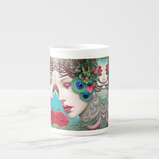 Feminine Red Lips and Rozen Peacock Abstract Porselein Kop (Voorkant)