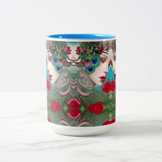 Feminine Red Lips and Rozen Peacock Abstract Tweekleurige Koffiemok (Center)
