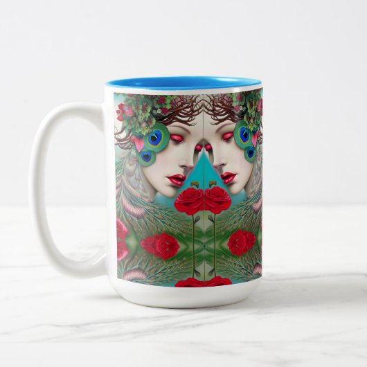 Feminine Red Lips and Rozen Peacock Abstract Tweekleurige Koffiemok (Links)