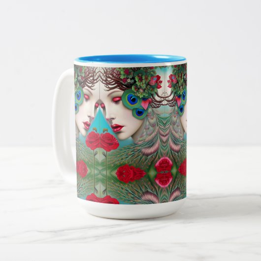 Feminine Red Lips and Rozen Peacock Abstract Tweekleurige Koffiemok (Voorkant links)