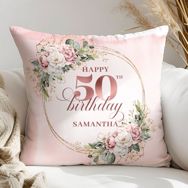 Feminine Rose Gold Blush Floral 50th Birthday Gift Kussen (Feminine Rose Gold Blush Floral 50th Birthday Gift Pillow)
