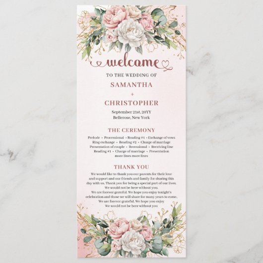 Feminine Rose Gold Flowers Eucalyptus Program Programmakaart (Voorkant)