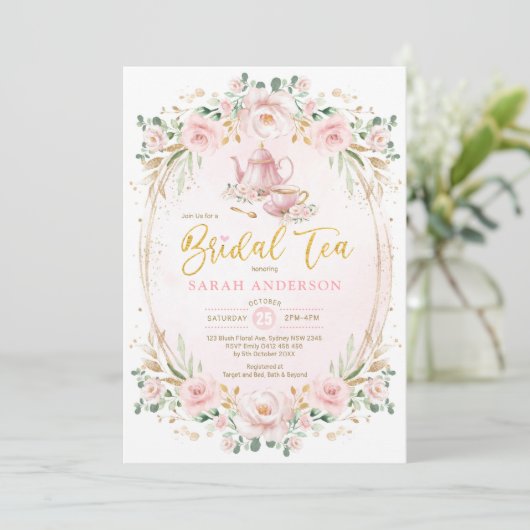 Feminine Roze Blush Flower Vrijgezellenfeest Tea Kaart (Staand voorkant)