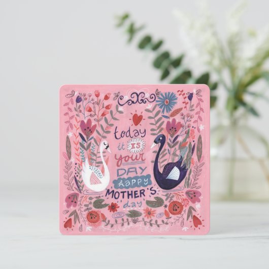 Feminine roze florale swan Moederdag Kaart (Staand voorkant)