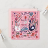 Feminine roze florale swan Moederdag Kaart (Voorkant / Achterkant in situ)