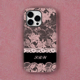 Feminine Roze kant Randen op zwart met Initialen Case-Mate iPhone 14 Pro Max Hoesje